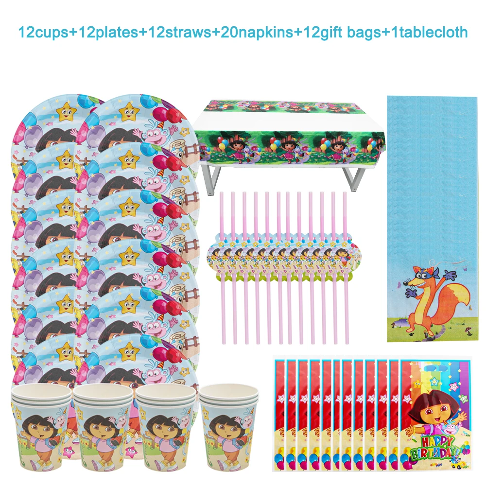 

Горячая Распродажа Dora The Explorer украшения для дня рождения ребенка, чашки, тарелки, салфетки, ложка, скатерть, набор одноразовой посуды