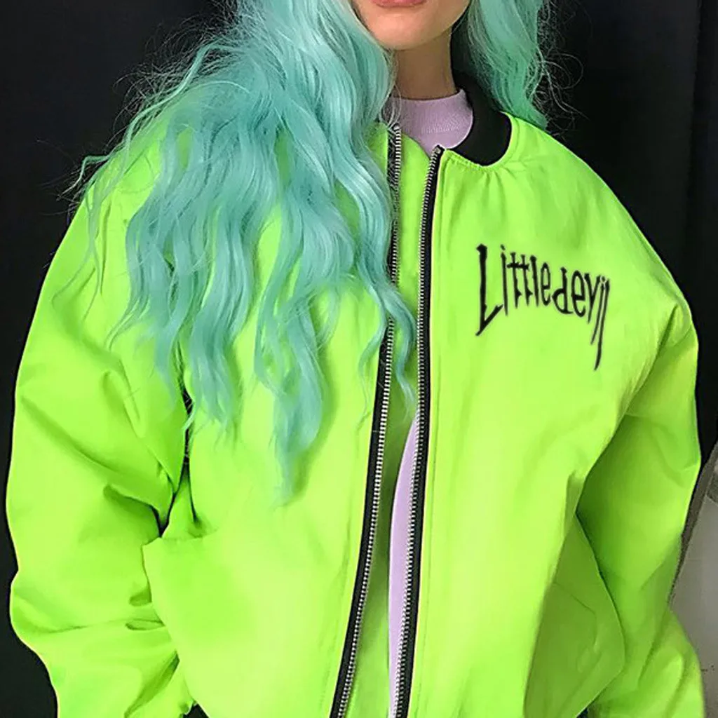 women streetwear outwear Fluorescent green jacket Women Street stand Collar Zipper Letter Print Long Sleeve Coat#g3 | Женская одежда