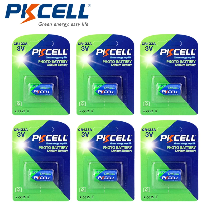 

6pcs PKCELL CR123A 3V Lithium Batteria Battery CR123 CR 123 123A CR17345 16340 2/3A 1500mAh 3 Volt Camera Photo Batteries