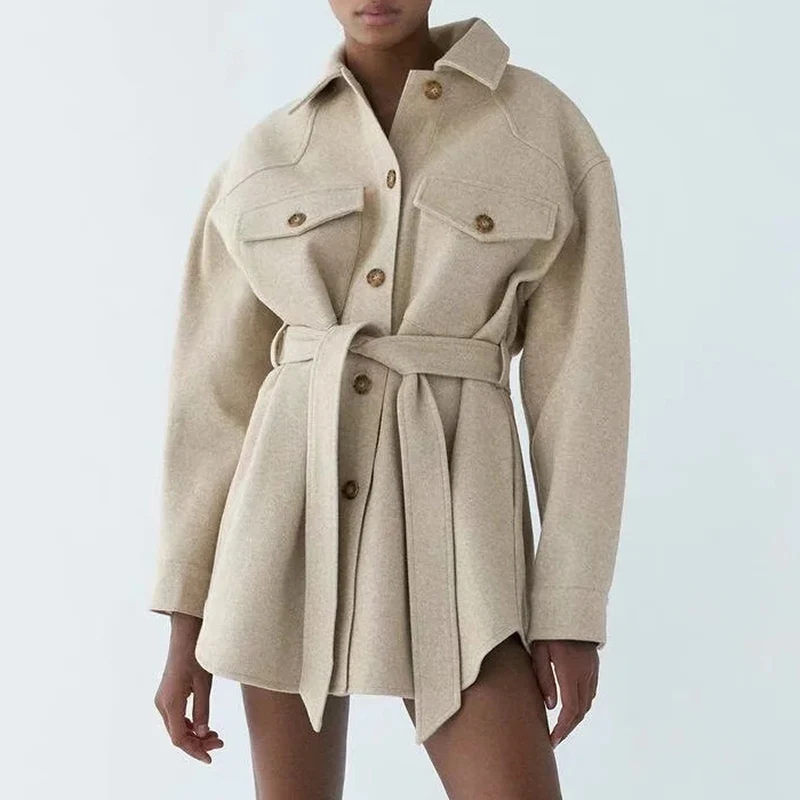 Fashion leisure simple shirt style medium length coat autumn and winter new high waist thin women's wear with belt coat
Fashion leisure simple shirt style medium length coat autumn and winter new high waist thin women's wear with belt coat
