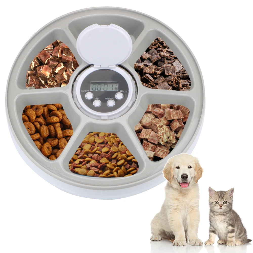 

Автоматическая кормушка для домашних животных, круглая таймерная кормушка для кошек и собак, Электрический дозатор сухой и влажной еды, 6 бл...