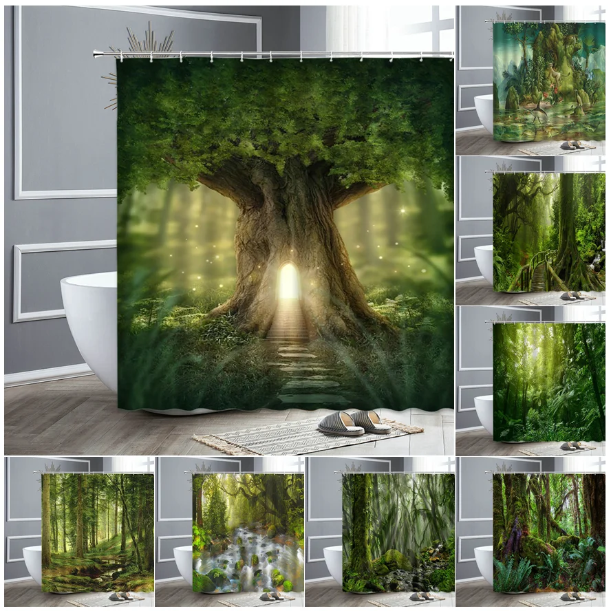 

Fantasy Forest Scenery Shower Curtains Green Planting Trees Sunlight Landscape Printed Fabric Bathroom Curtain Home Decor Screen