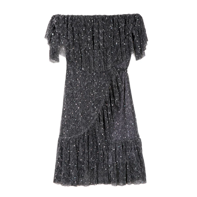 PERHAPS U Slash Neck Short Sleeve Mini Dress Elegant Summer Women Female A-line Black Solid Lurex Off The Shoulder Ruffle D2010
PERHAPS U Slash Neck Short Sleeve Mini Dress Elegant Summer Women Female A-line Black Solid Lurex Off The Shoulder Ruffle D2010