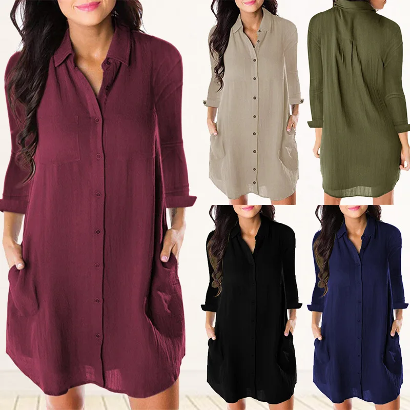 Women Loose Solid Dresses Turn Down Casual Ladies Office Shirt Dresses Button 2019 Summer Spring Long Sleeve Dresses Vestidos
Women Loose Solid Dresses Turn Down Casual Ladies Office Shirt Dresses Button 2019 Summer Spring Long Sleeve Dresses Vestidos