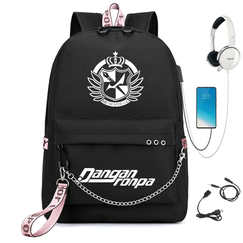 Аниме Danganronpa: Trigger Happy цепь рюкзак для женщин USB зарядка холст студенческий