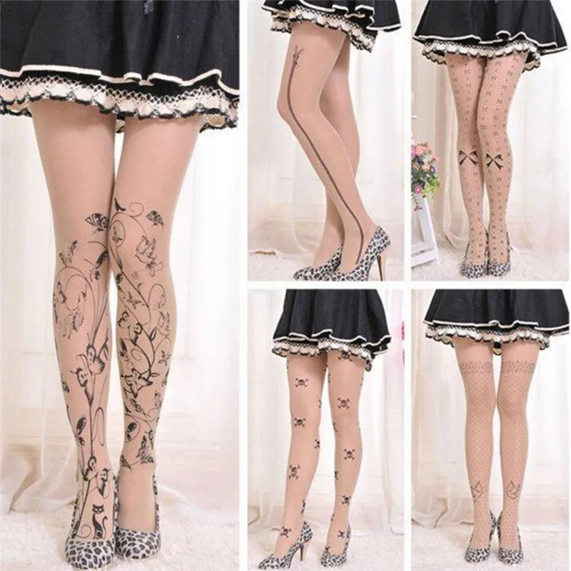 

Japan Printed Tattoo Patterns Women Pantyhose Fashion Sweet Girl Sexy Tights Female Stocking Transparent Silk Tights