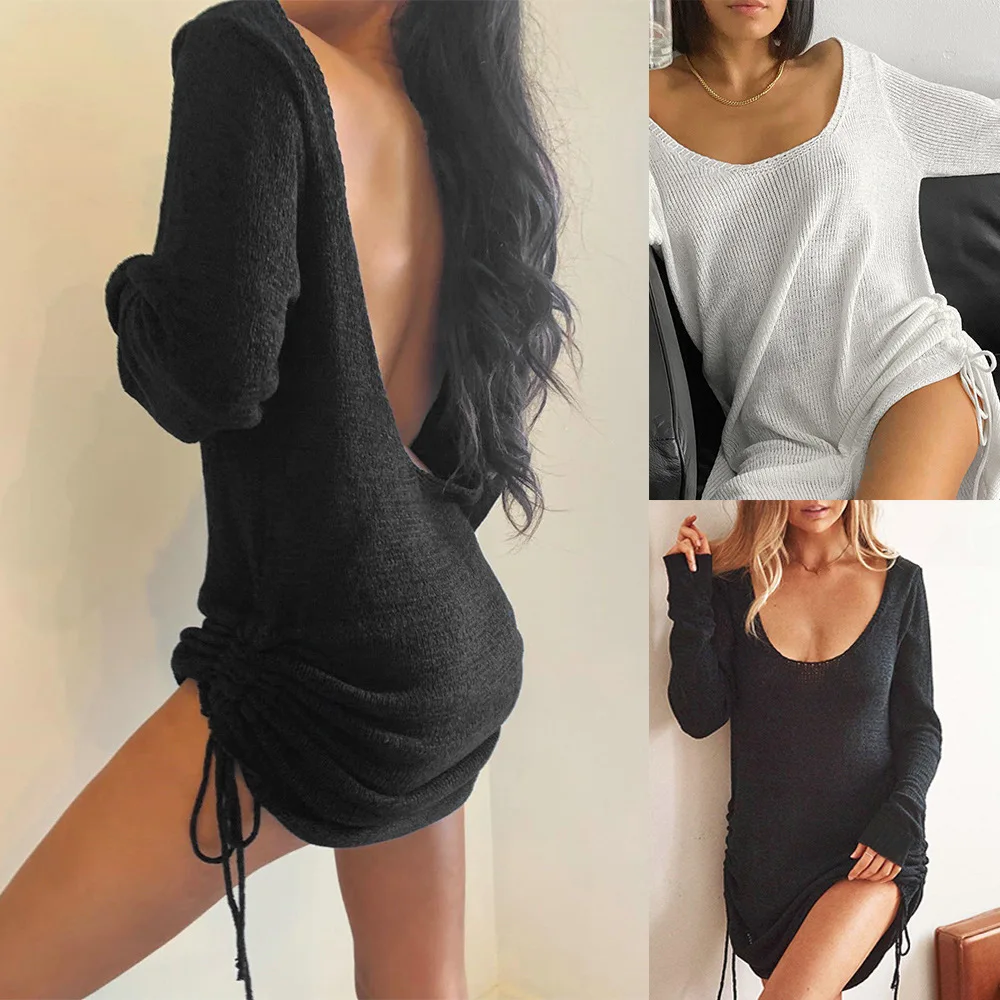 Sexy Backless Sweater Dress Women Autumn O-Neck Long Sleeve Solid Color Loose Shrinkage Drawstring Lace Up Mini Dresses Vestidos
Sexy Backless Sweater Dress Women Autumn O-Neck Long Sleeve Solid Color Loose Shrinkage Drawstring Lace Up Mini Dresses Vestidos
