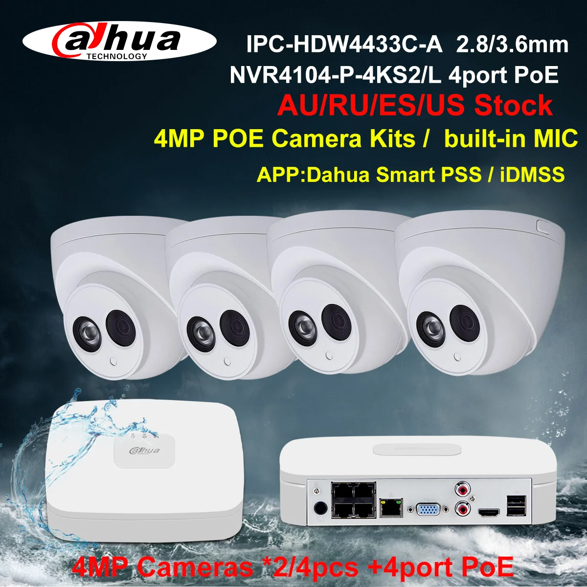 Dahua Security Camera System 4MP PoE CCTV Kit IPC-HDW4433C-A NVR4104-P-4KS2/L 4CH NVR Recorder 2/4pcs IP Camera Build in Mic
Dahua Security Camera System 4MP PoE CCTV Kit IPC-HDW4433C-A NVR4104-P-4KS2/L 4CH NVR Recorder 2/4pcs IP Camera Build in Mic