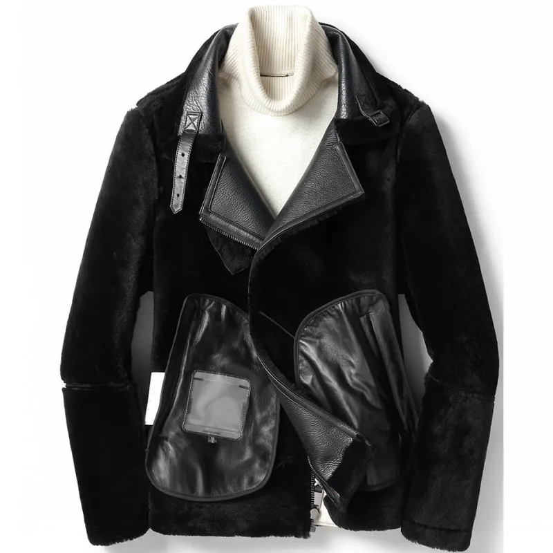 Winter Thick Warm Mens Biker Natural Shearling Coat Real Fur Wool Lining Overcoat Sheepskin Genuine Leather Jacket Plus Size 5XL