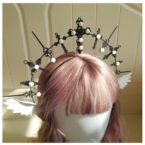 

Baroque Tiara Notre Dame Halo Headdress Cosplay Goddess Virgin Mary Hair Crown Gothic Wings Lolita Pearl Headwear Punk Props Bar
