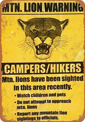Mountain Lion Warning Campers Hikers Retro Wall Sign 12x16 Inch Tin Decor
Mountain Lion Warning Campers Hikers Retro Wall Sign 12x16 Inch Tin Decor