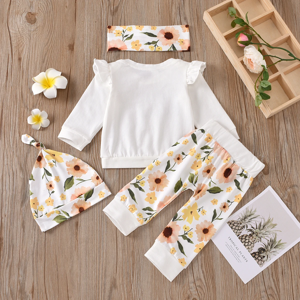 4PCS Set Newborn Baby Girl Long Sleeve Cotton T-shirt Tops Floral Long Pant Headband Hat Outfits Baby Clothes