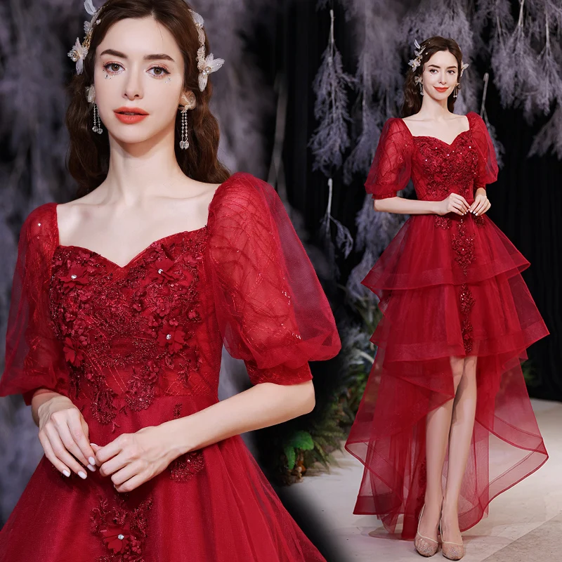 Red Sequins Front Short Back Long Bridesmaid Toast Dress Bride Puff Sleeve Wedding Evening Dress for Women 
Red Sequins Front Short Back Long Bridesmaid Toast Dress Bride Puff Sleeve Wedding Evening Dress for Women