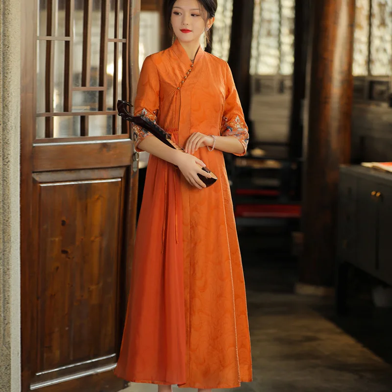 

Retro women's Chinese national style women's mid long Hanfu Tang style Chinese national style cheongsam improved dress