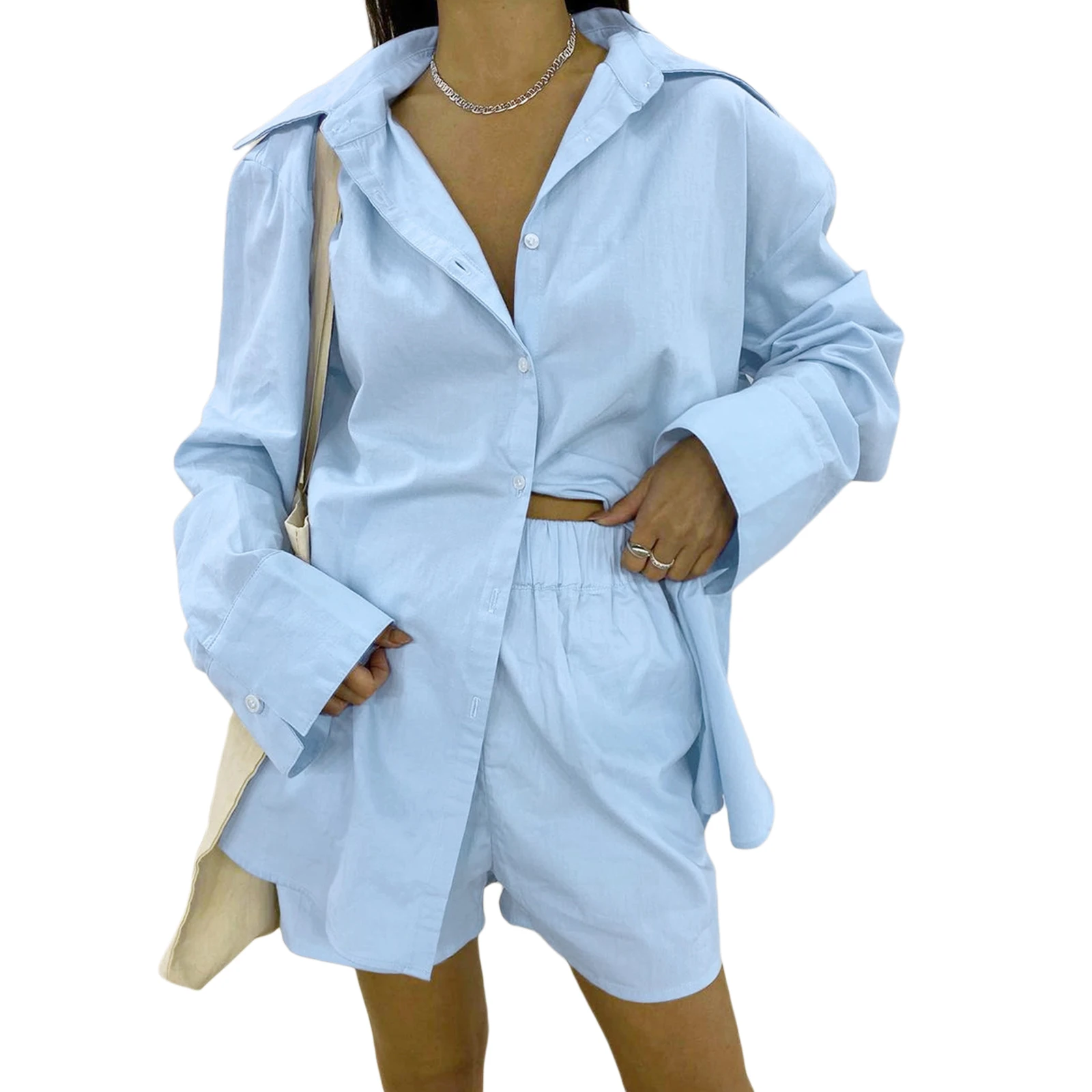2Pcs Women Summer Tracksuit, Solid Color Long Sleeves Single-Breasted Shirt + Elastic Waist Shorts for Girls, Blue/White
2Pcs Women Summer Tracksuit, Solid Color Long Sleeves Single-Breasted Shirt + Elastic Waist Shorts for Girls, Blue/White