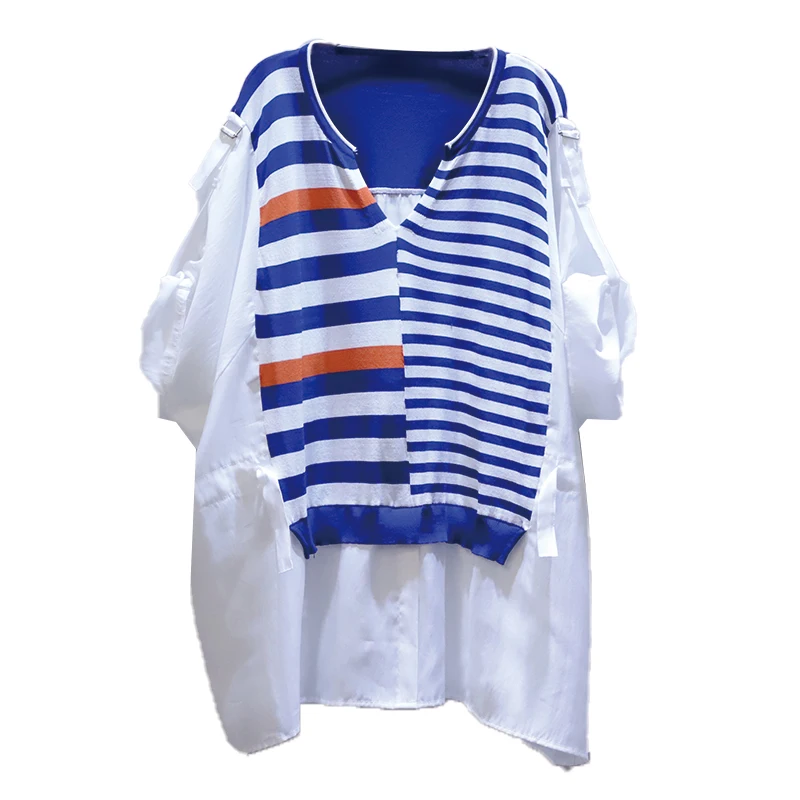 IEQJ 2021 Summer New Korean Blue Elegant Casual Simple Stitching Striped Waist V-neck Loose Large Size Pullover Shirt Top 3F0577
IEQJ 2021 Summer New Korean Blue Elegant Casual Simple Stitching Striped Waist V-neck Loose Large Size Pullover Shirt Top 3F0577