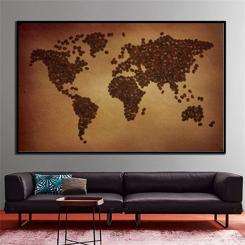 225*150 см карта мира из кофейных зерен Нетканая Картина на холсте винтажный