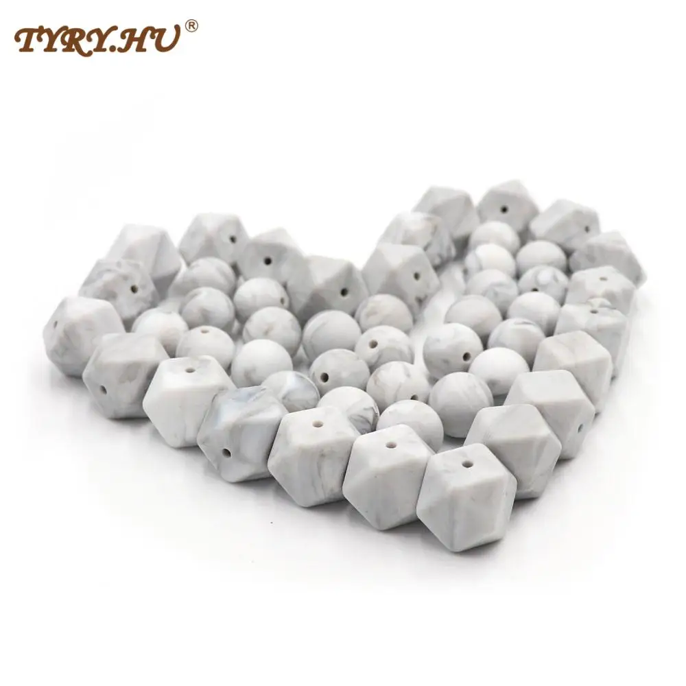 

TYRY.HU Original 20pc Marble Color Teething Beads 17mm Hexagon /15mm Round Silicone Beads Chewable Food-Grade Teether Loose Bead