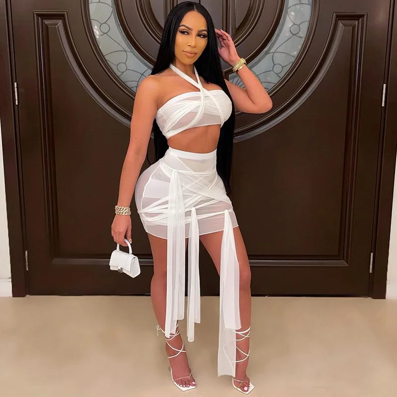 Women Summer Sexy Solid Two Piece Skirt Set See Through Mesh Bandage Camisole and Mini Skirt 2021Two Piece Set Street Clubwear
Women Summer Sexy Solid Two Piece Skirt Set See Through Mesh Bandage Camisole and Mini Skirt 2021Two Piece Set Street Clubwear