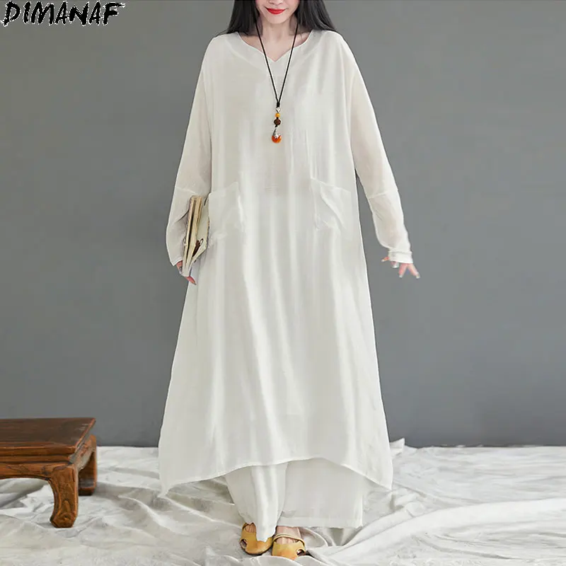 DIMANAF Women Two Piece Set Suit Home Wear Linen Tops Shirts Loose Pants Vintage Solid Long Sleeve White Summer 2021Oversize
DIMANAF Women Two Piece Set Suit Home Wear Linen Tops Shirts Loose Pants Vintage Solid Long Sleeve White Summer 2021Oversize