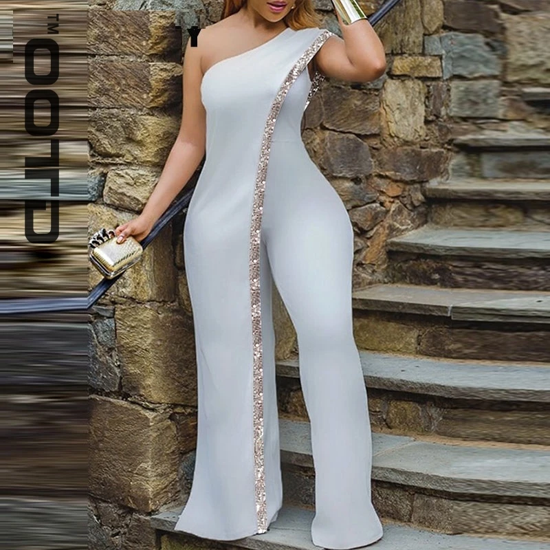 

OOTD Women Irregular One Shoulder Jumpsuit Solid Sequined Detail Party Club Overalls Jumpsuits