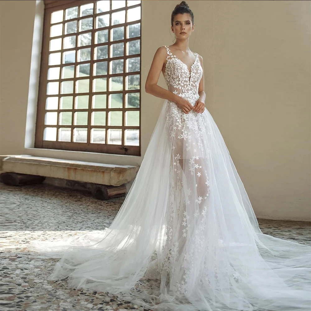 Sexy V Neck Off Shoulder Illusion Wedding Gowns Dresses Button Stars Appliqued Floor Length For Women
Sexy V Neck Off Shoulder Illusion Wedding Gowns Dresses Button Stars Appliqued Floor Length For Women