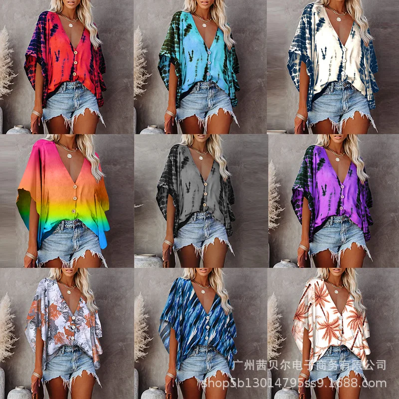 Wepbel Women Shirt V-neck Batwing Sleeve Half Sleeve Button Tie-Dye Gradient Multicolor Print Casual Summer Vogue Shirt
Wepbel Women Shirt V-neck Batwing Sleeve Half Sleeve Button Tie-Dye Gradient Multicolor Print Casual Summer Vogue Shirt