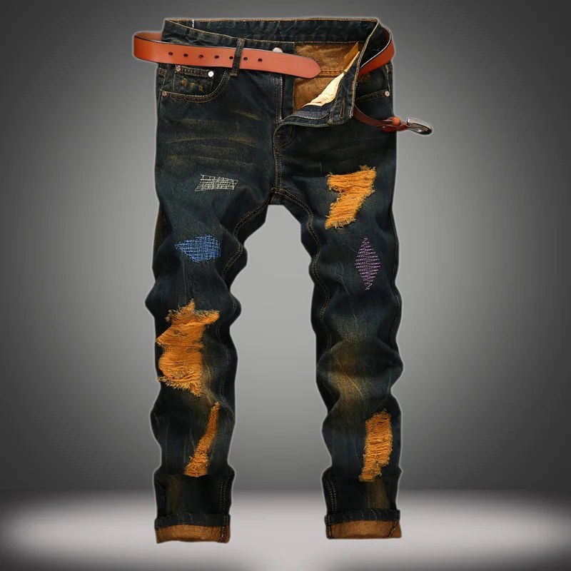 

Mens Retro Distressed Ripped Biker Slim Jeans Super Stretched Moto Denim Pants