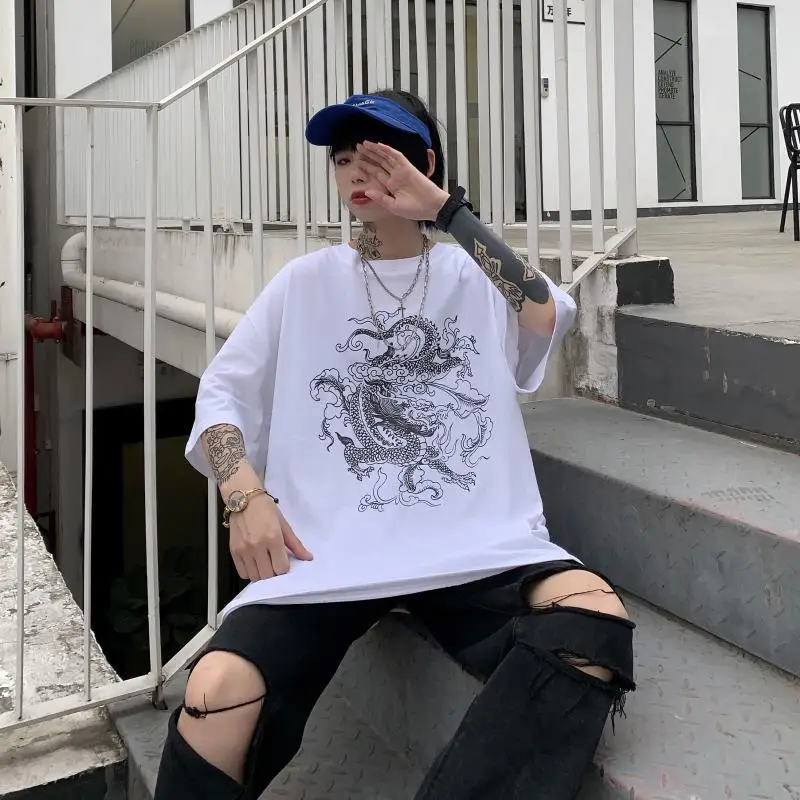 Уличные топы женская футболка ulzzang Harajuku Винтажная с китайским драконом лето