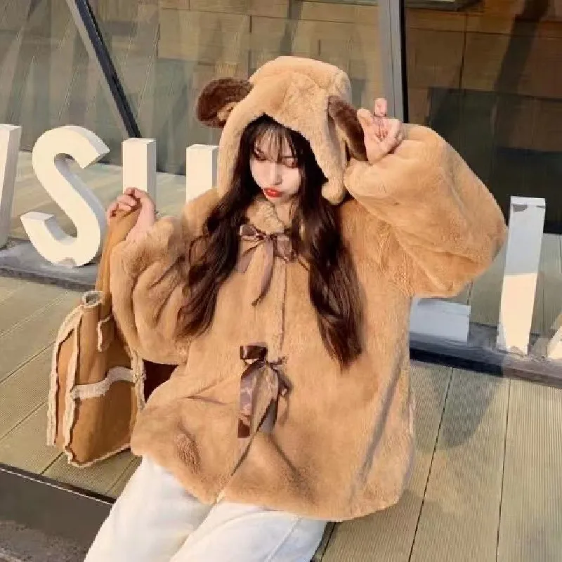 Winter Coat Women new cute plush jacket loose bear ears hooded thick warm Faux rabbit fur coat Kawaii clothing
Winter Coat Women new cute plush jacket loose bear ears hooded thick warm Faux rabbit fur coat Kawaii clothing