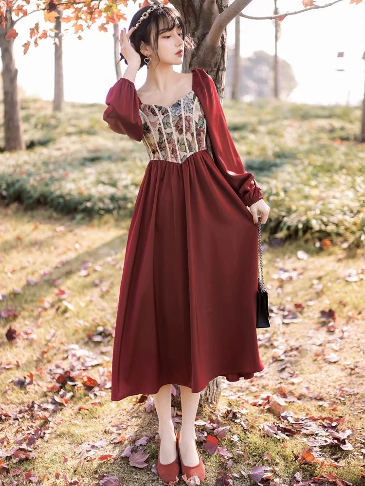 Spring Autumn Women dress Vintage Party dress Patchwork Long Red dresses French Style Retro female bing 2020 HOT
Spring Autumn Women dress Vintage Party dress Patchwork Long Red dresses French Style Retro female bing 2020 HOT