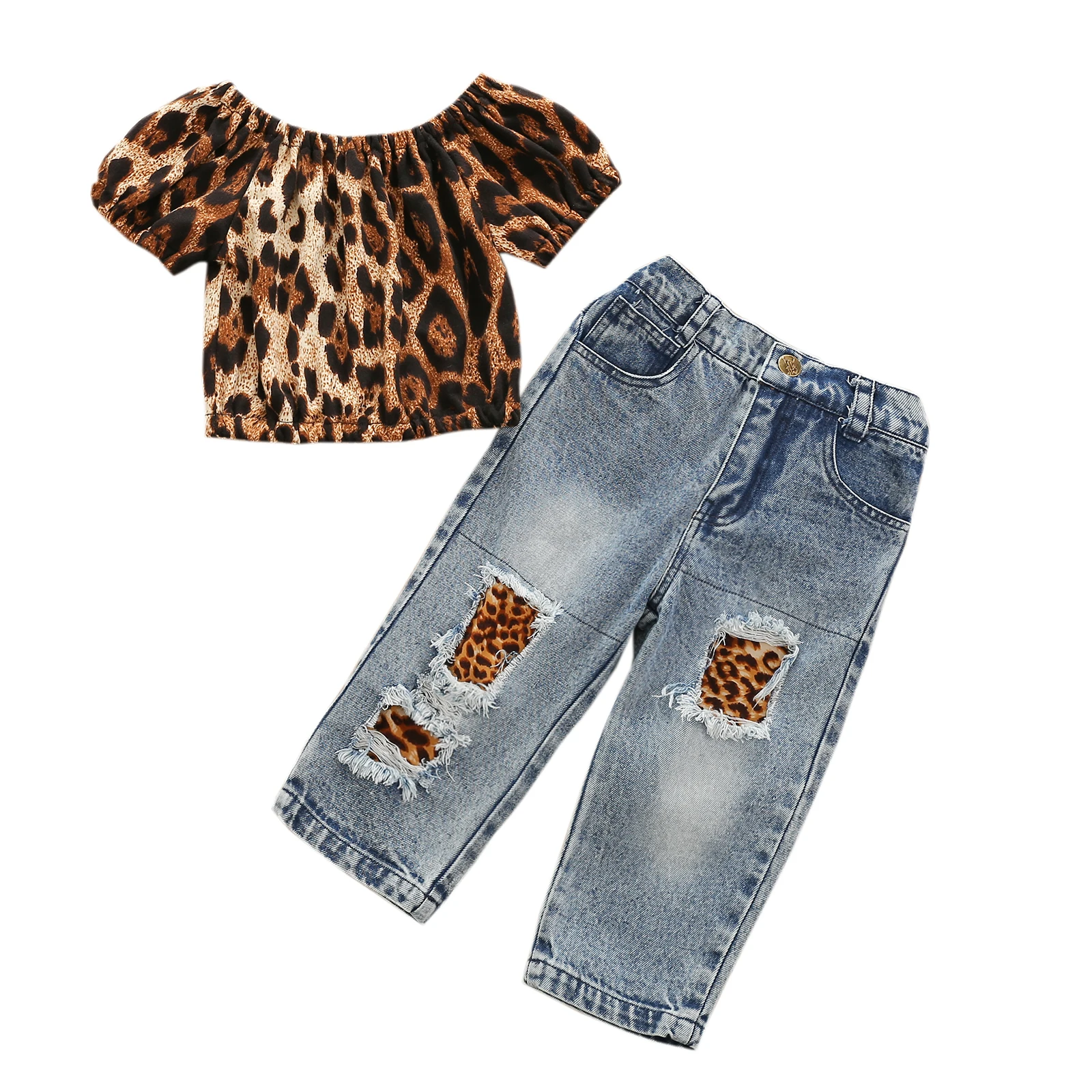 2 Pieces Kids Suit Set, Leopard Print Round Neck Short Sleeve Tops+ Ripped Jeans for Girl, 18 Months-6 Years
2 Pieces Kids Suit Set, Leopard Print Round Neck Short Sleeve Tops+ Ripped Jeans for Girl, 18 Months-6 Years