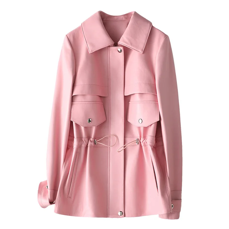 Pink Sheepskin Medium Casual Coat Women Female Genuine Leather Drawstring Overcoat For Autumn Winter Fashion Jacket
