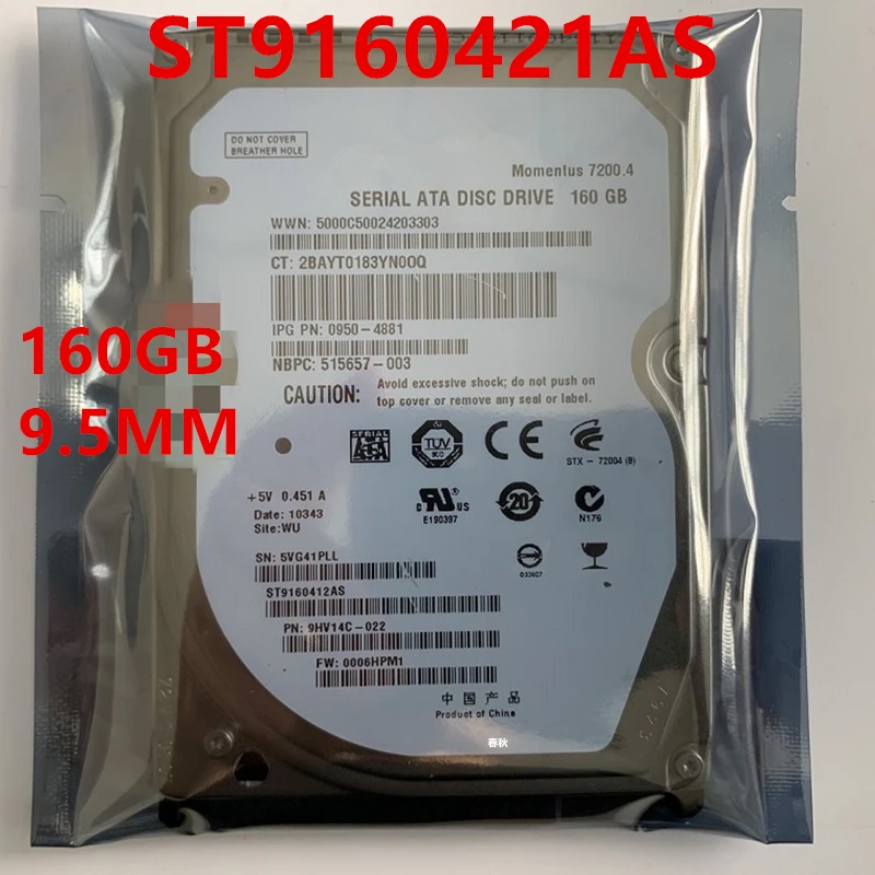 

New Original HDD For Seagate 160GB 2.5" SATA 3 Gb/s 16MB 7200RPM 9.5MM For Internal Hard Disk For Notebook HDD For ST9160421AS