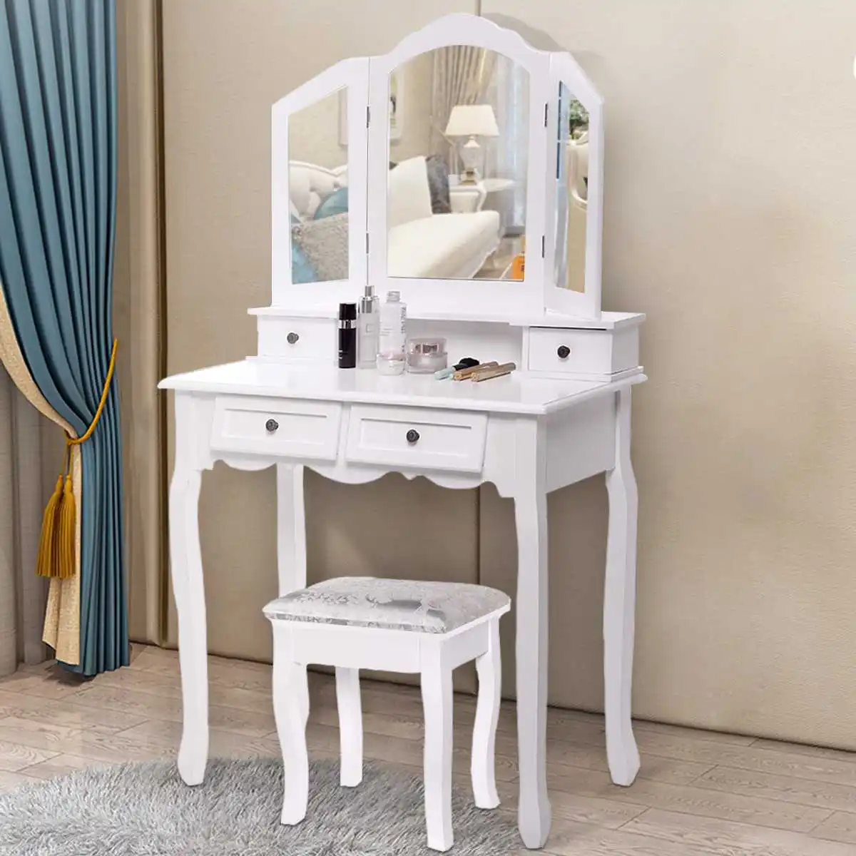 

Туалетный столик в европейском стиле, мебель для макияжа, зеркало, макияжный столик из МДФ с 4 ящиками и 3 зеркалами, комоды для спальни