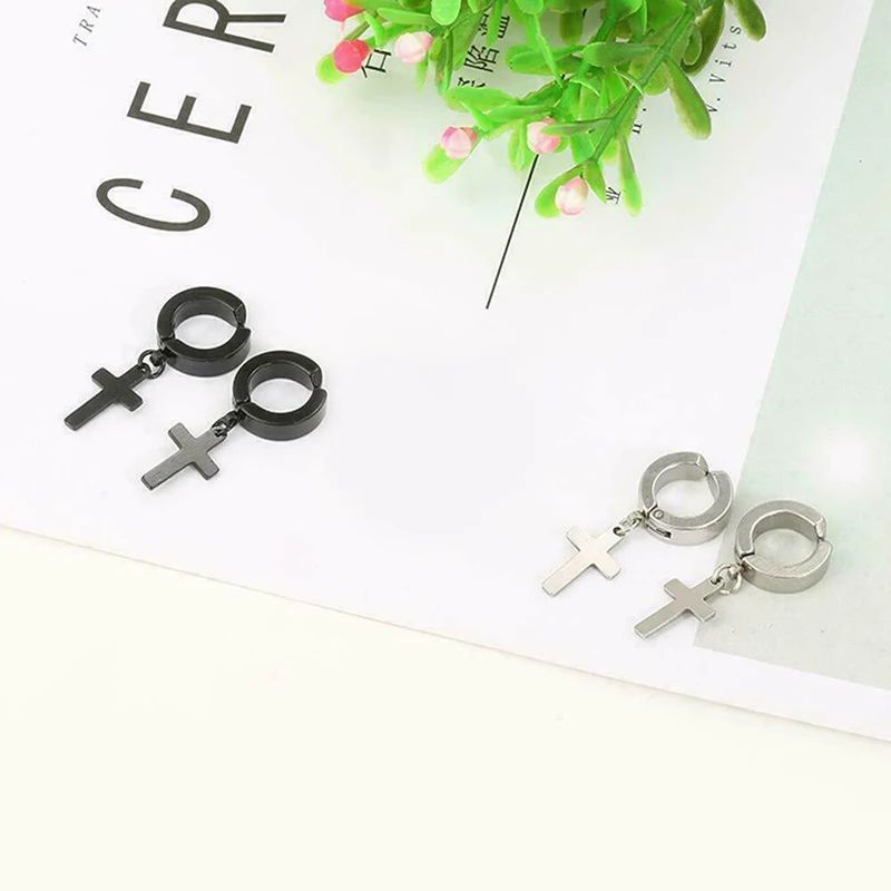 Fashion Men Women Stainless Steel Cross Dangle Hoop Clip on Earrings Non-Piercing 
Fashion Men Women Stainless Steel Cross Dangle Hoop Clip on Earrings Non-Piercing