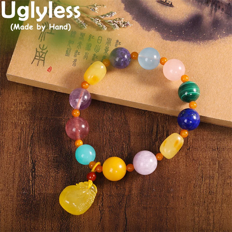 

Uglyless Elastic Rope Beading Multi Gemstones Rainbow Bracelets for Women Natural Amber Agate Lapis Turquoise Bracelets Jewelry