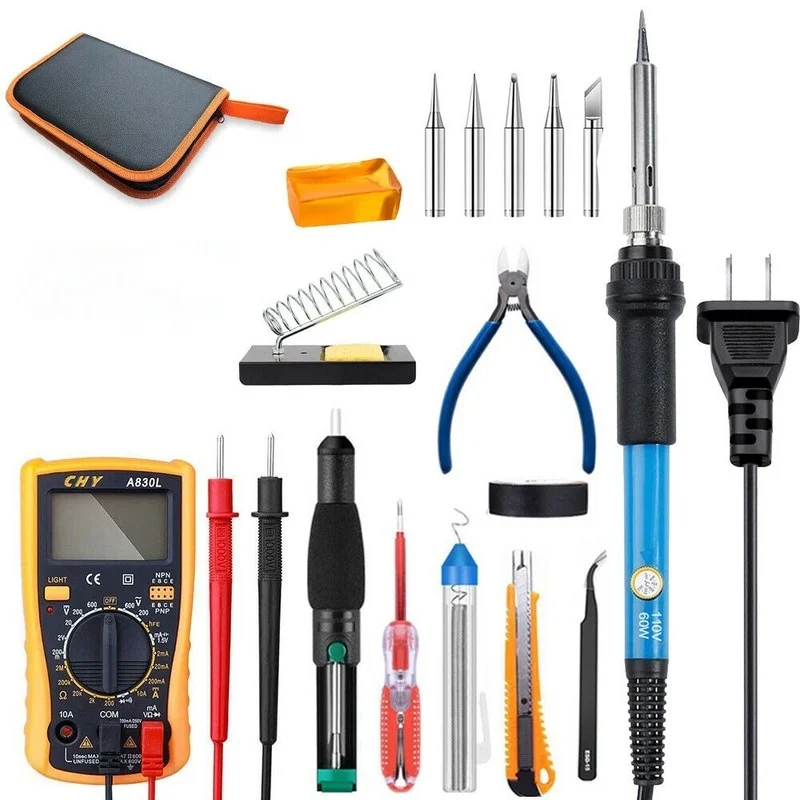 Temperature adjustable Soldering Irons Kit 60W 110V 220V Soldering Iron set Multimeter Desoldeirng Pump Stweezers Welding Tools
Temperature adjustable Soldering Irons Kit 60W 110V 220V Soldering Iron set Multimeter Desoldeirng Pump Stweezers Welding Tools