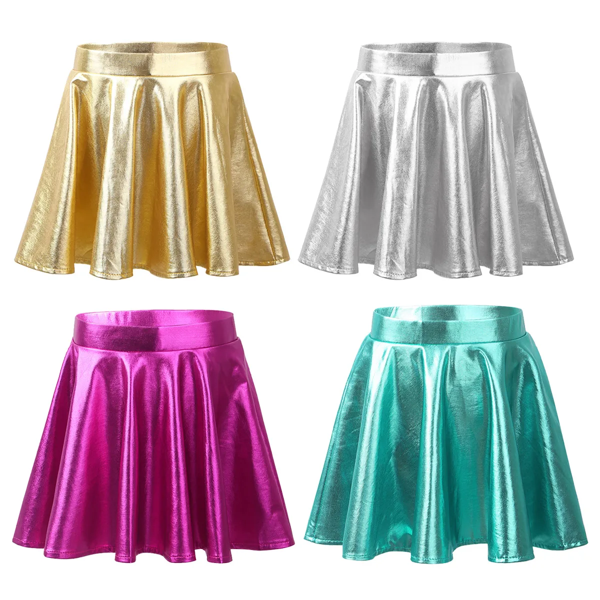 

Kids Girls Glossy Metallic Flared Pleated A-Line Mini Skater Skort Dance Athletic Shiny High Elastic Waistband Scooter Skirt