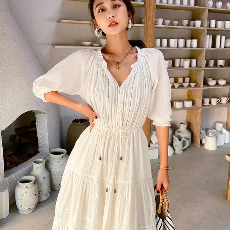 Lace Puff Sleeve Dresses Female Casual High Waist Dress Summer Women Clothes Solid Color V-Neck Summer Dress Ladies Sundresses
Lace Puff Sleeve Dresses Female Casual High Waist Dress Summer Women Clothes Solid Color V-Neck Summer Dress Ladies Sundresses
