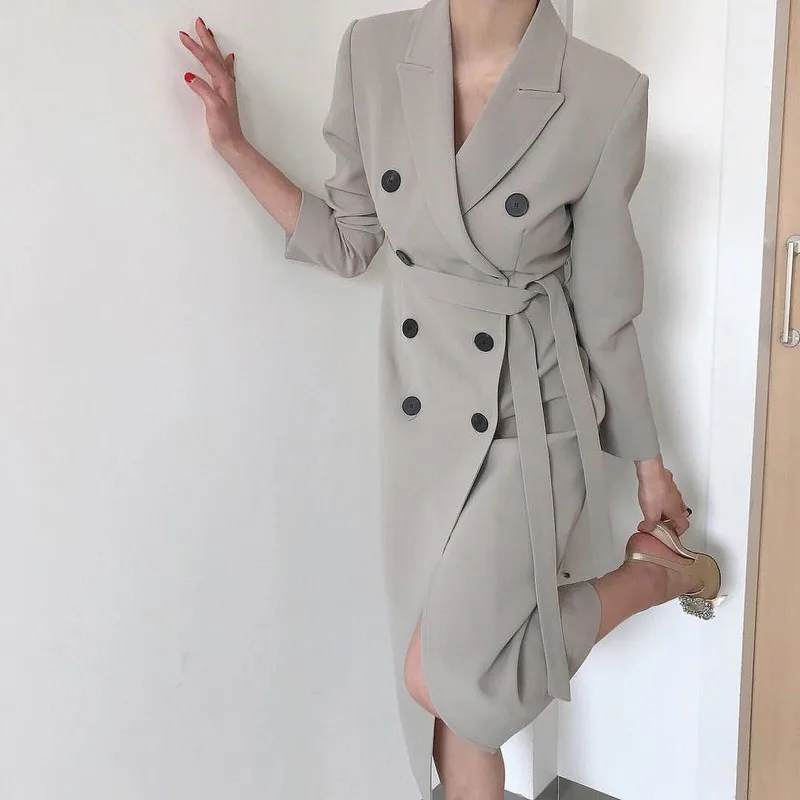 Women's Elegant Midi Dresses Loose Solid Notched Collar Double Breasted Sash Mid-long Dress Suit Dressing Autumn Spring 2021
Women's Elegant Midi Dresses Loose Solid Notched Collar Double Breasted Sash Mid-long Dress Suit Dressing Autumn Spring 2021