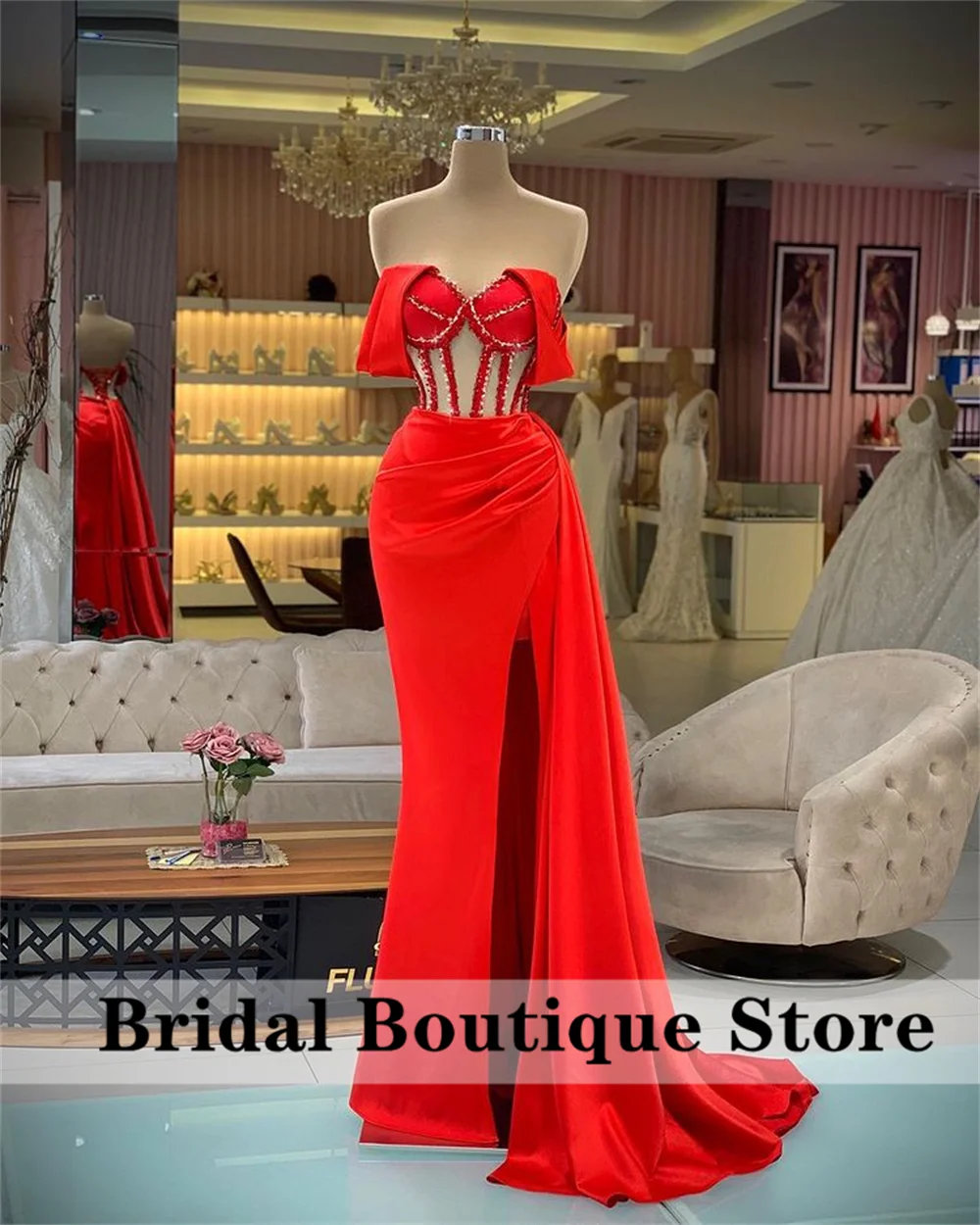 

Sweetheart Mermaid Red Cocktail Dresses Off Shoulder High Slit Beaded Formal Prom Gowns Party Homecoming Dress Robes De Bal
