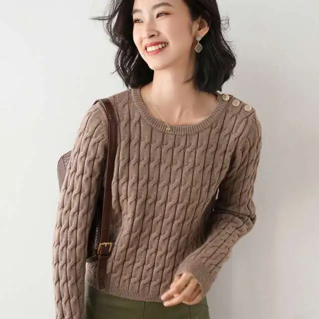 2020 Autumn women's new blouse pure color thread long sleeve pullover sweater women's round necktie shoulder button design
2020 Autumn women's new blouse pure color thread long sleeve pullover sweater women's round necktie shoulder button design