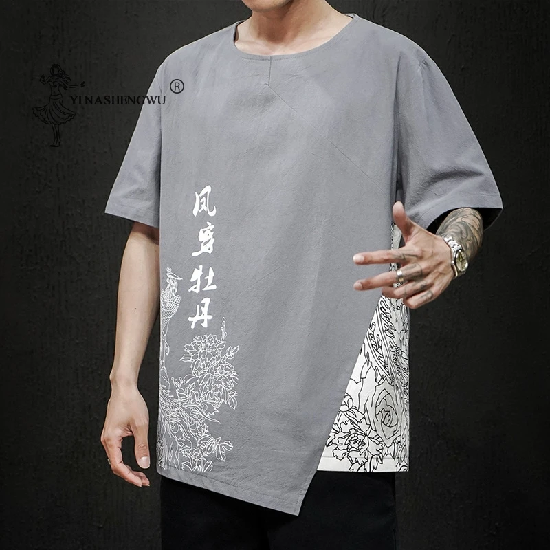 Японская летняя футболка из хлопка и льна мужская повседневная свободная одежда