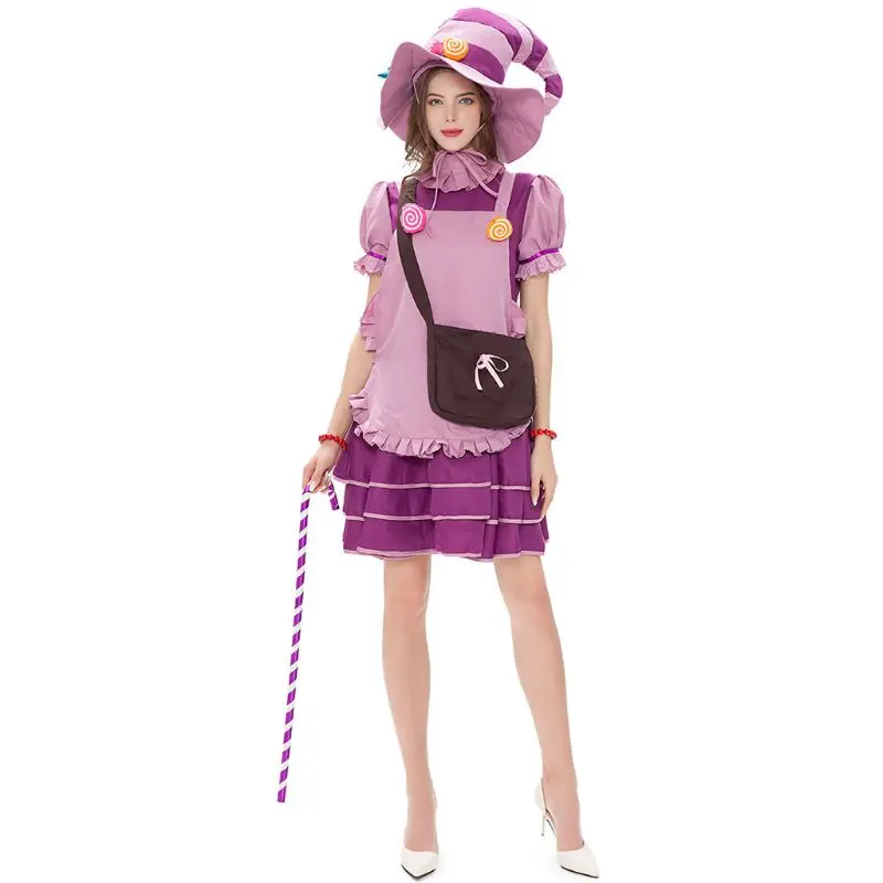 

2021 New Women Halloween Cosplay French Maid Uniform Outfits Puff Sleeve Bowknot Dress Lollipop Apron Witch Hat Carnival Party