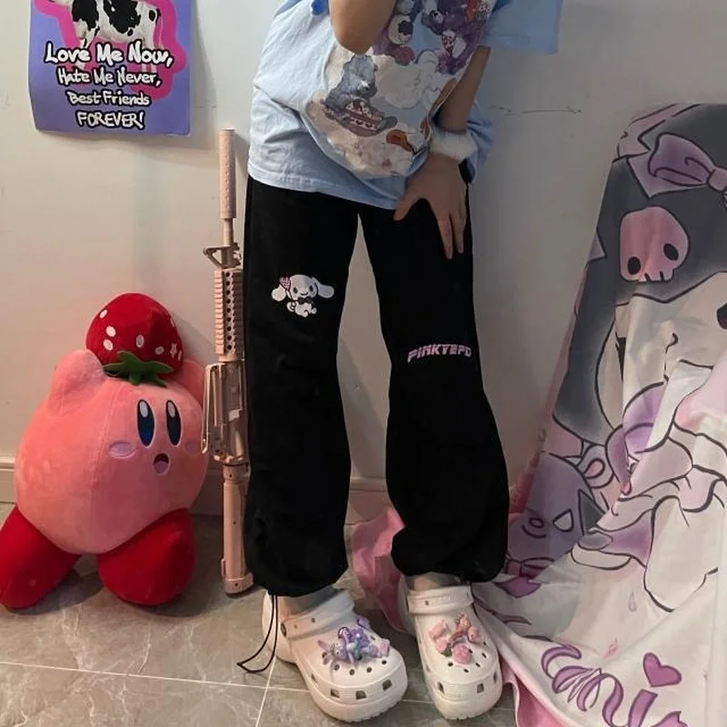 HOUZHOU Kawaii спортивные штаны с мультяшным принтом для бега женские мягкие черные
