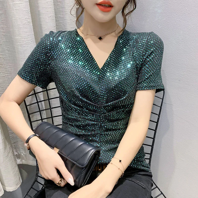 Summer Sexy Crop T-shirt Top Deep V-neck Sequined Short Sleeve Party Tee Top Femme Cool Personality Club T-shirt Top
Summer Sexy Crop T-shirt Top Deep V-neck Sequined Short Sleeve Party Tee Top Femme Cool Personality Club T-shirt Top
