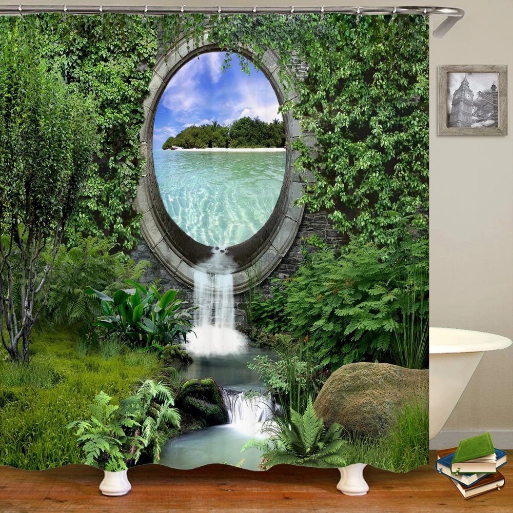 

Home decoration shower curtain bathroom curtain forest waterfall scenery printing waterproof polyester curtain with hook 240x180