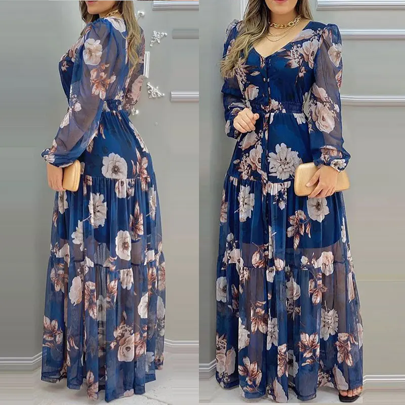 Floral Print Chiffon Maxi Dress Women 2021 Summer Sexy V-Neck Dress Casual Loose Long Sleeve Lantern Sleeve Beach Style Dress
Floral Print Chiffon Maxi Dress Women 2021 Summer Sexy V-Neck Dress Casual Loose Long Sleeve Lantern Sleeve Beach Style Dress