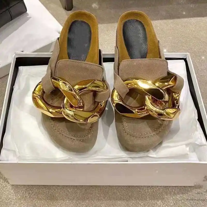 2021 summer new metal chain British style Baotou half slippers women's fashion flat Muller lazy shoes